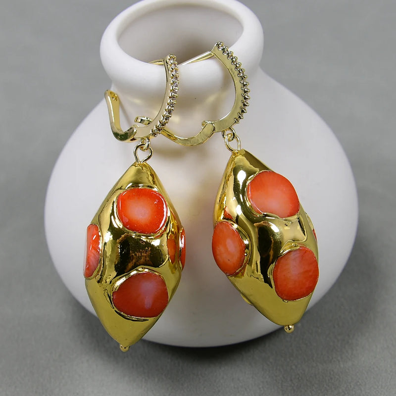 Gold Plated Orange Coral Olive Shape Dangle Earrings for Women