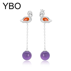 925 Sterling Silver Amethyst Dangling Swan Earrings for Women