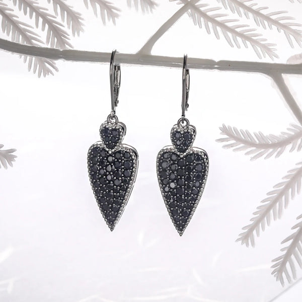 Sterling Silver 2.50 ctw Black Spinel Heart Drop Earrings for Women