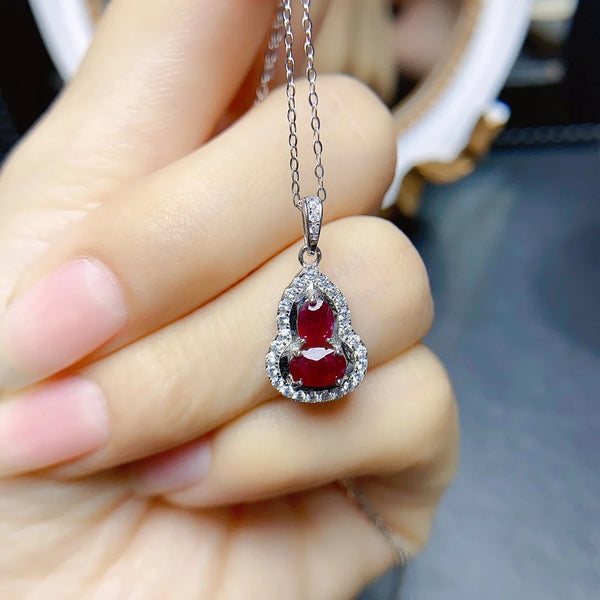 Sterling Silver Natural Ruby Gourd Pendant Necklace for Women