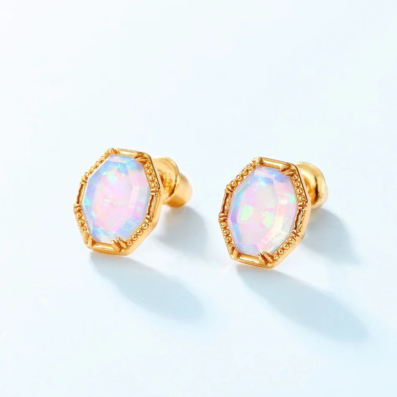 Sterling Silver Synthetic Opal Stud Earrings for Women 7x9mm Gold Plated