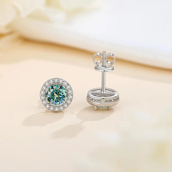 18K Gold Plated S925 Silver 1+1 Carat Teal Moissanite Stud Earrings for Women