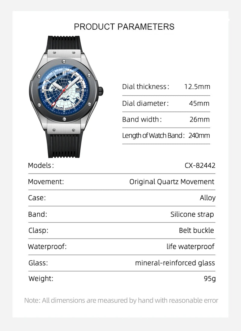 Stainless Steel World Map Sport Watch for Men