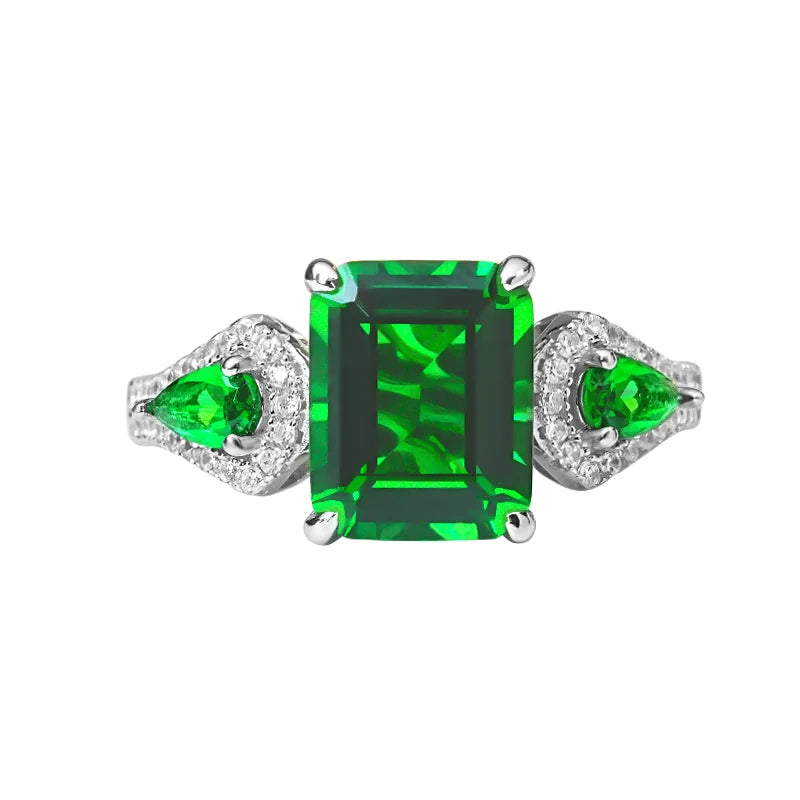 925 Silver Green Tourmaline Emerald Cut Ring for Women