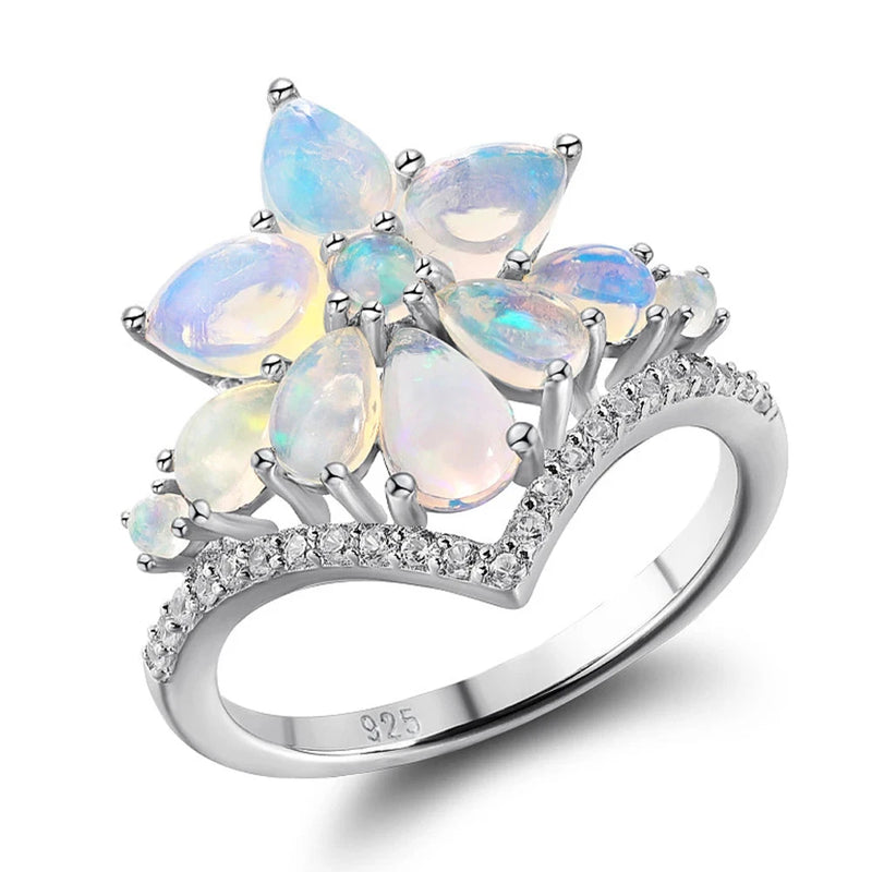 925 Sterling Silver Opal Ring with Custom Flower Engagement Setting for Women