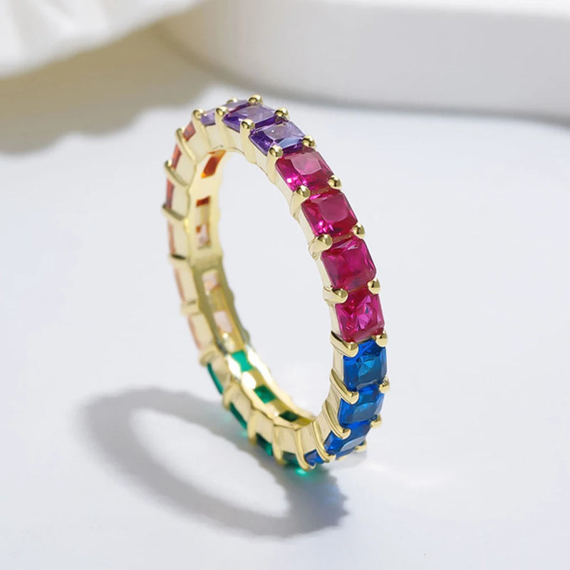 Sterling Silver 5A Zircon Rainbow Ring for Women