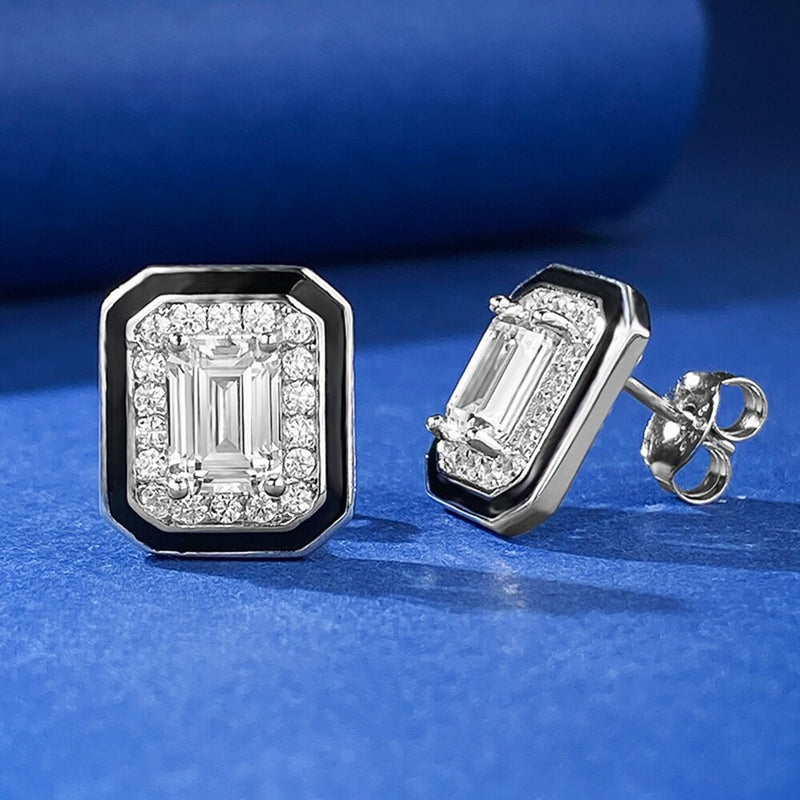 925 Sterling Silver Lab Sapphire Emerald Cut Earrings