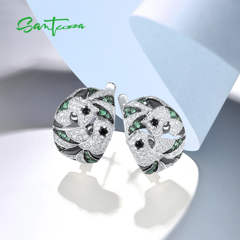 925 Sterling Silver Green & Black Spinel White CZ Flower Earrings for Women