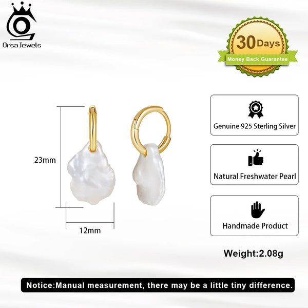 14K Gold Plated Sterling Silver Hoop Earrings with Freshwater Baroque Pearl for Women