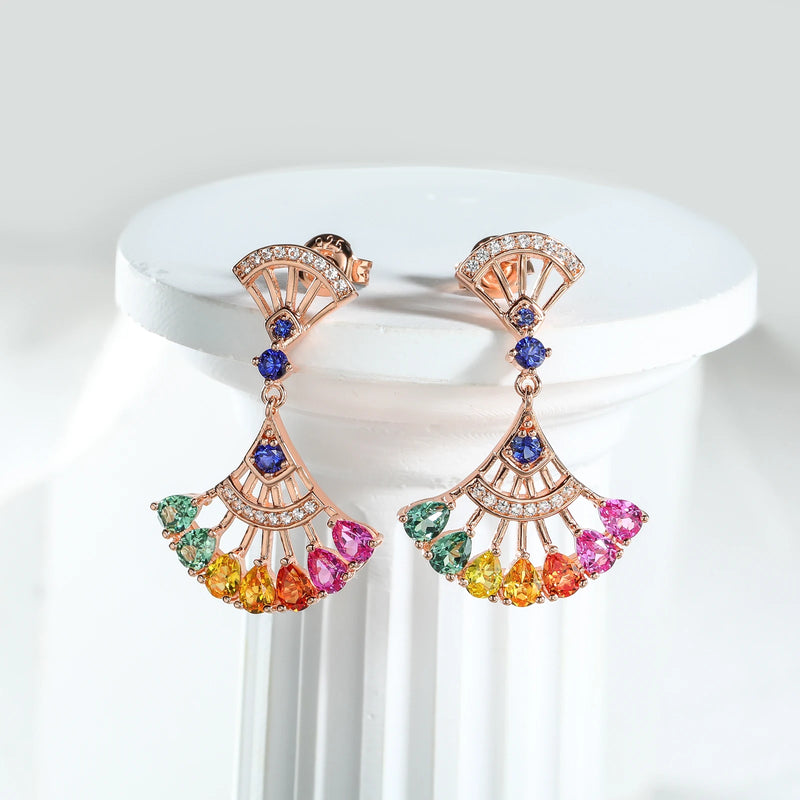 Sterling Silver Fan Shaped Colorful Dro Earrings for Women