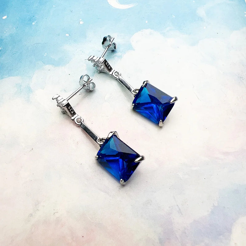 Sterling Silver 925 Sapphire Blue Stones Dangle Earrings For Women