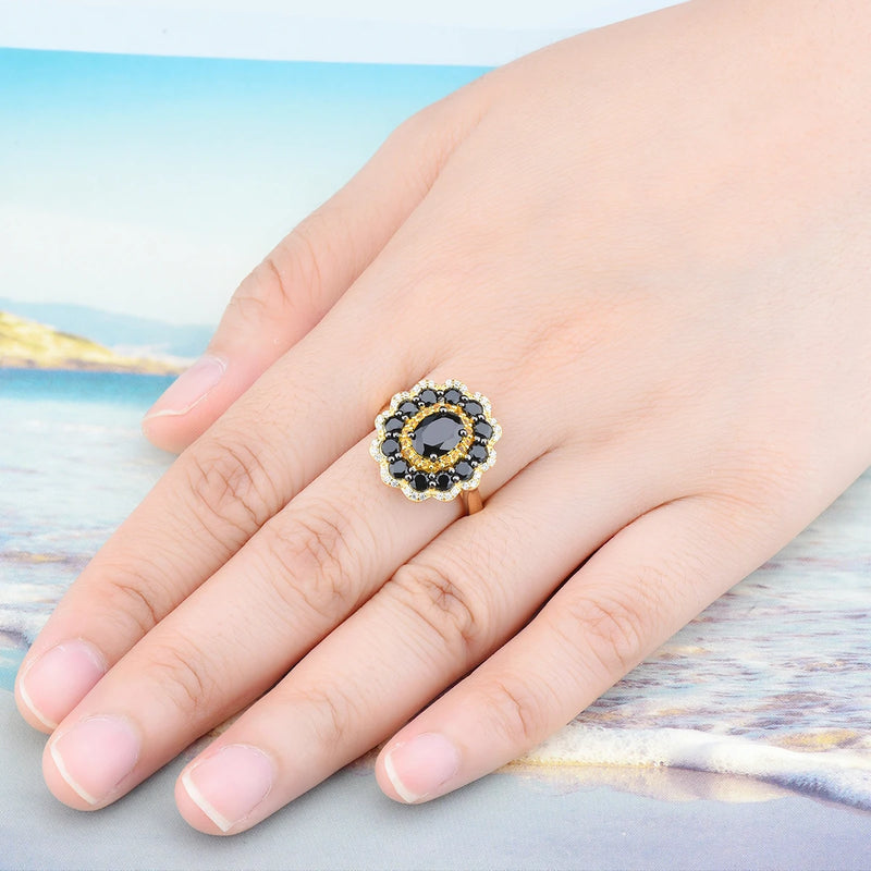 Silver 3.5 ctw Black Spinel and Citrine Rings for Women