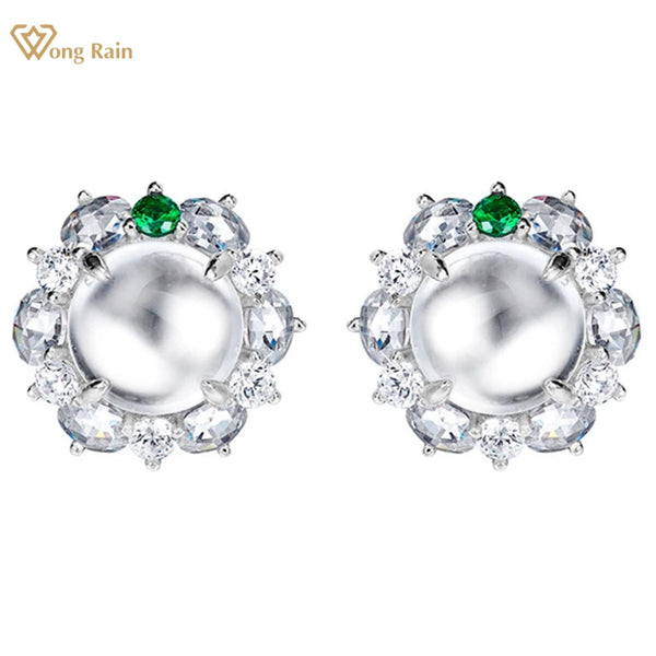 Wong Rain Elegant 925 Sterling Silver Round 9 MM Natural Jade High Carbon Diamond Gemstone Ear Studs Earrings for Women Jewelry