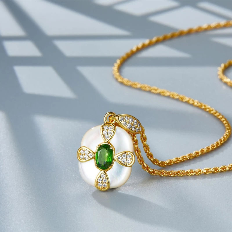 925 Silver Gold Plated Diopside Pendant Necklace with White Shell Zircon for Women