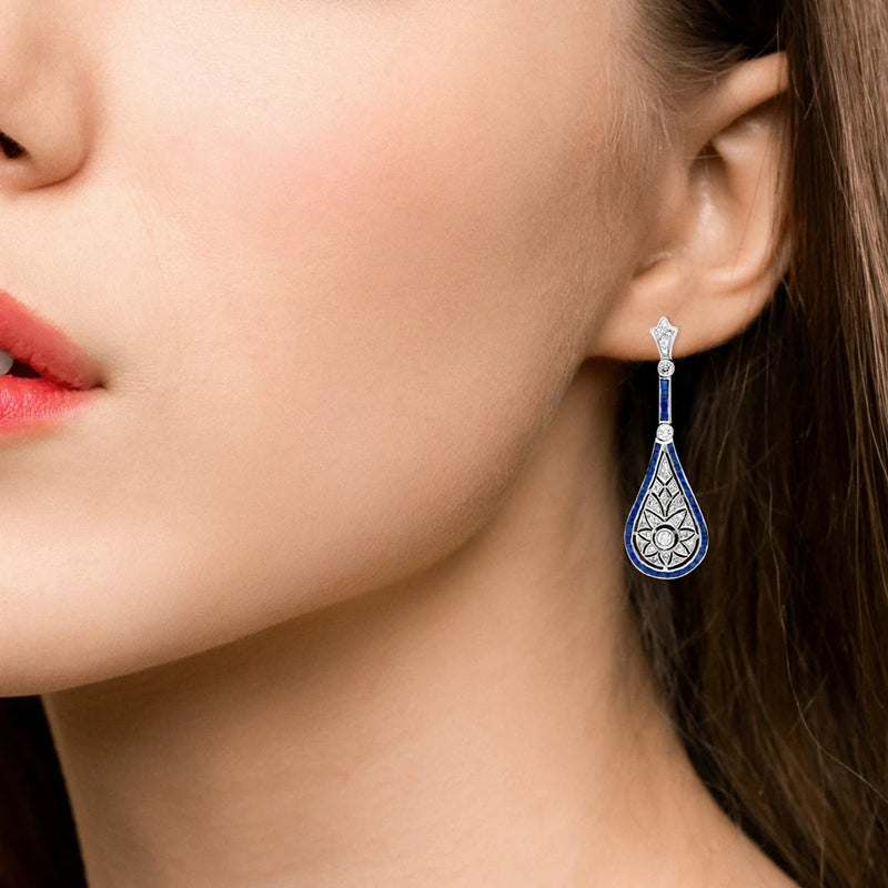 Sterling Silver Lab Sapphire High Carbon Diamond Gemstone Water Drop Earrings