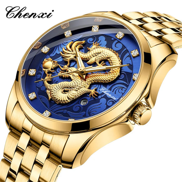 Stainless Steel Dragon Totem Embossed Wrist Watch for Men