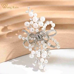 925 Sterling Silver Freshwater Pearl, Sapphire, Diamond Bow Brooches with Natural Pearl Drop for Women