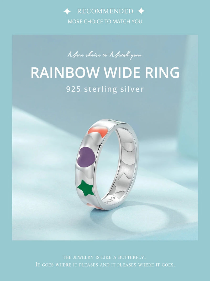 925 Sterling Silver Rainbow Enamel Wide Ring for Women