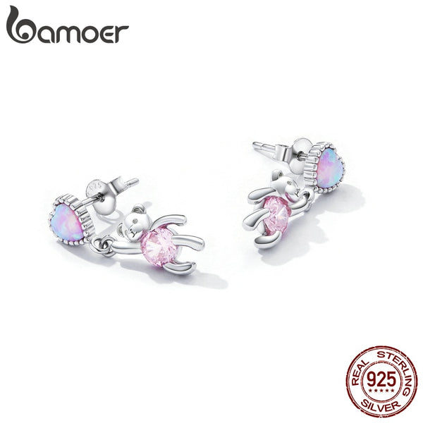 Sterling Silver Pink Heart Stud Earrings for Women