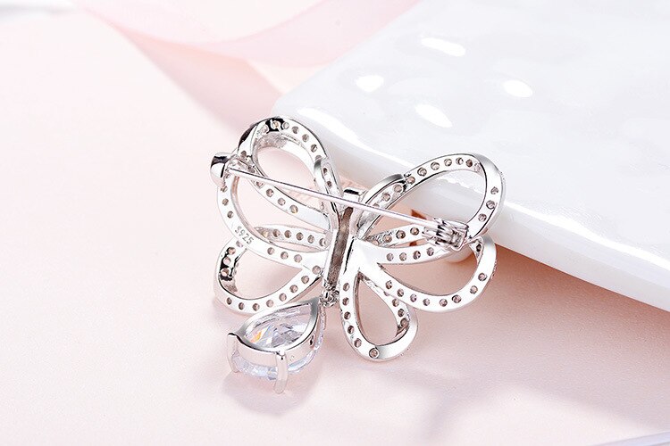 S925 Sterling Silver CZ Crystal Cute Bowknot Brooche for Women