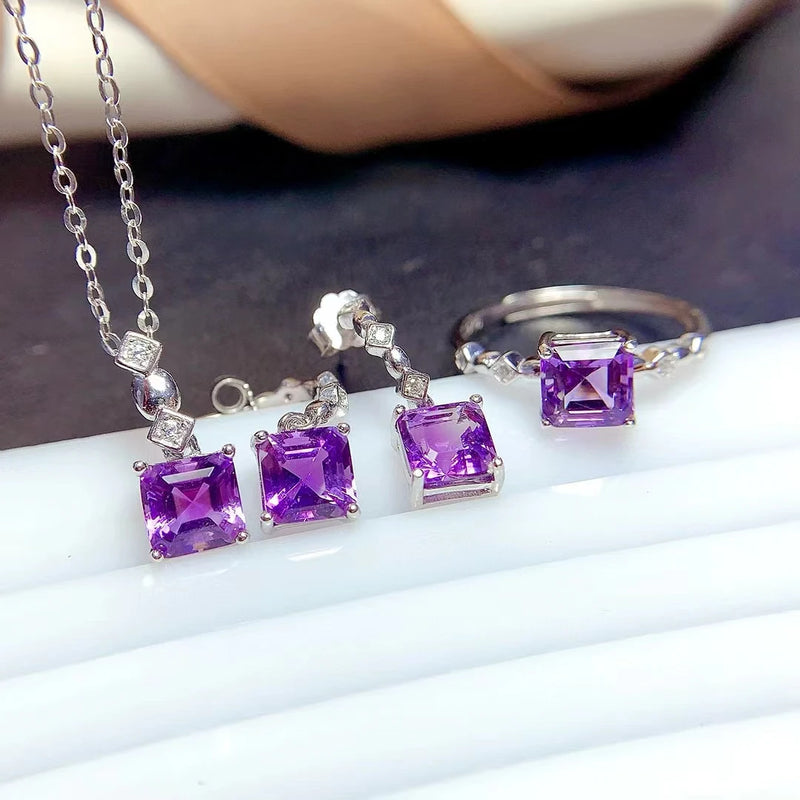 925 Sterling Silver Natural Amethyst Jewelry Set for Women