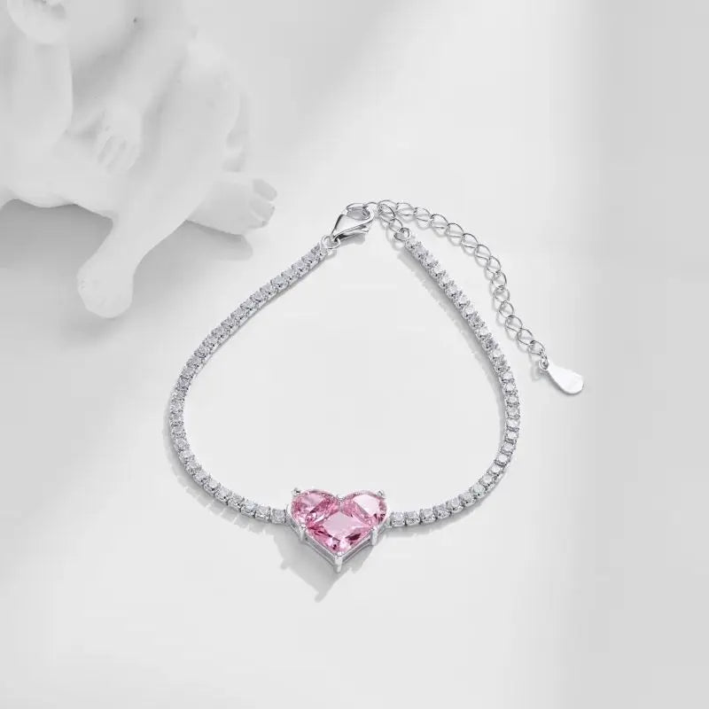 Sterling Silver Diamond Pink Heart Tennis Bracelet for Women