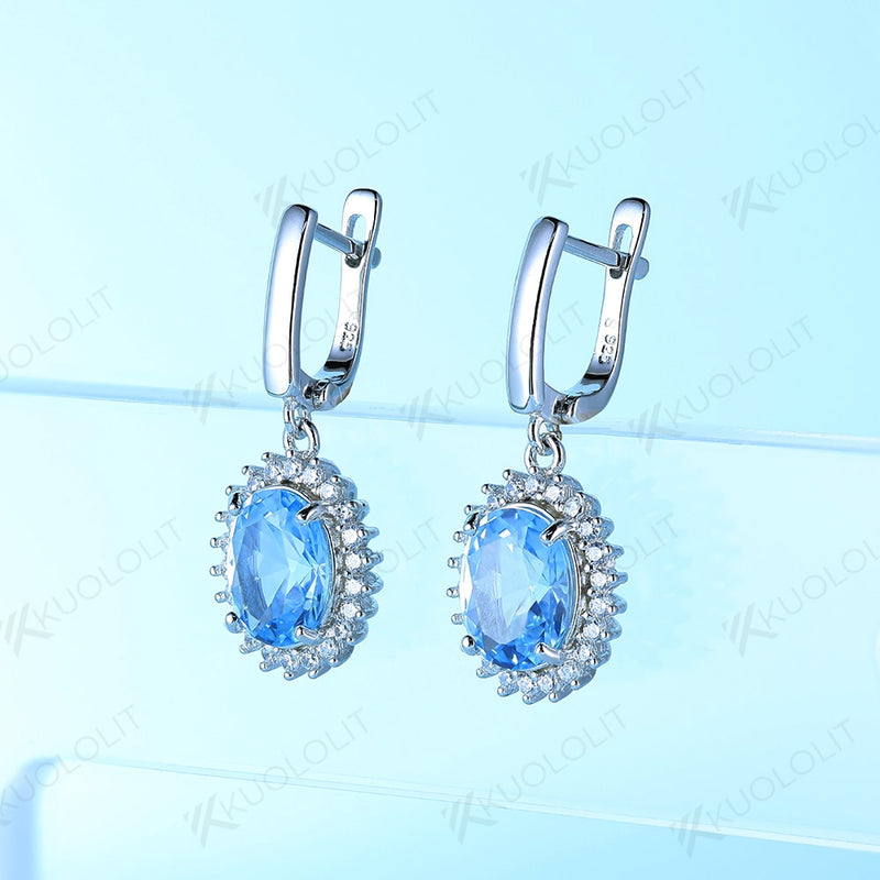 925 Sterling Silver Blue Topaz Oval Gemstone Clip Earrings for Women