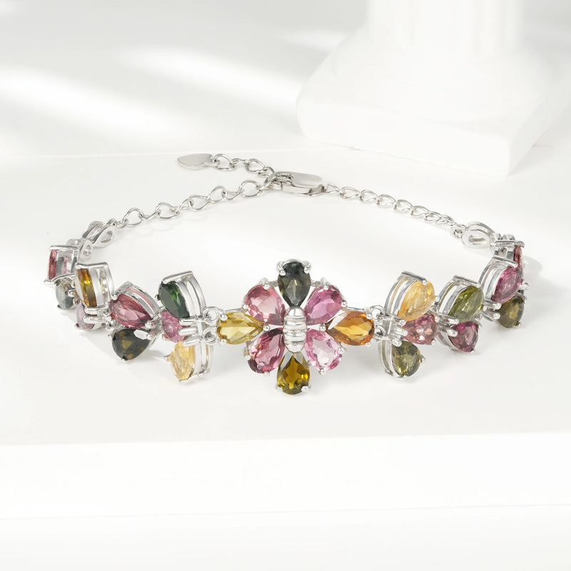 925 Sterling Silver Tourmaline Bracelet, Flower Design for Women