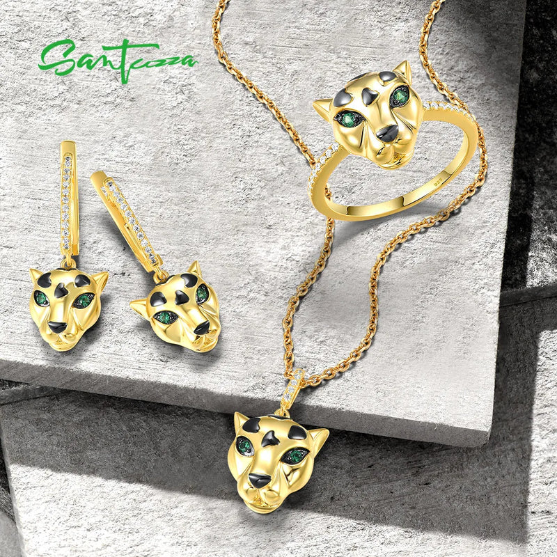 Sterling Silver Green Spinel White CZ Gold Plated Leopard Pendant & Earrings Set for Women