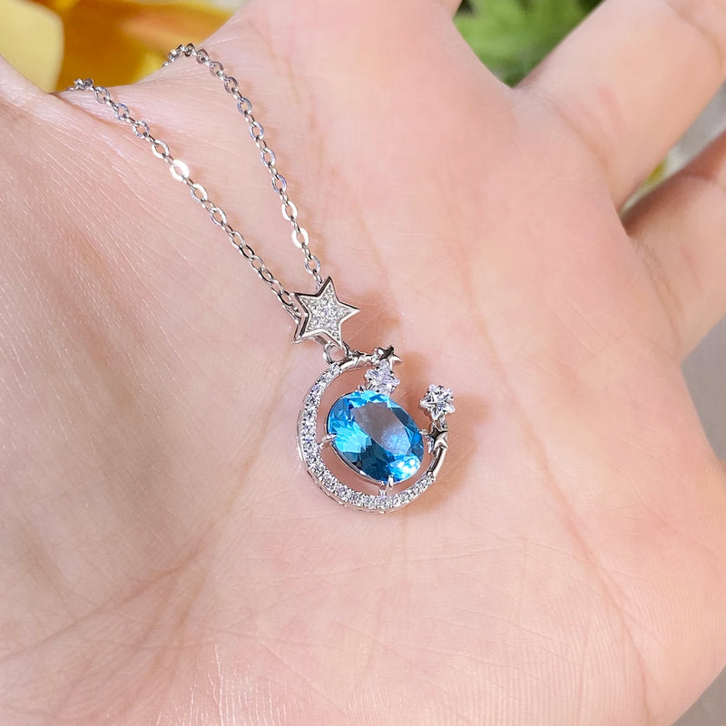 925 Silver Blue Topaz Moon and Star Pendant Necklace for Women