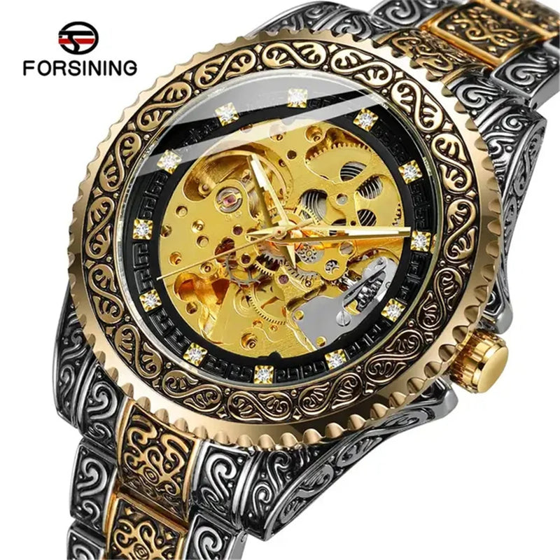 Stainless Steel Gold Automatic Mechanical Watch for Men