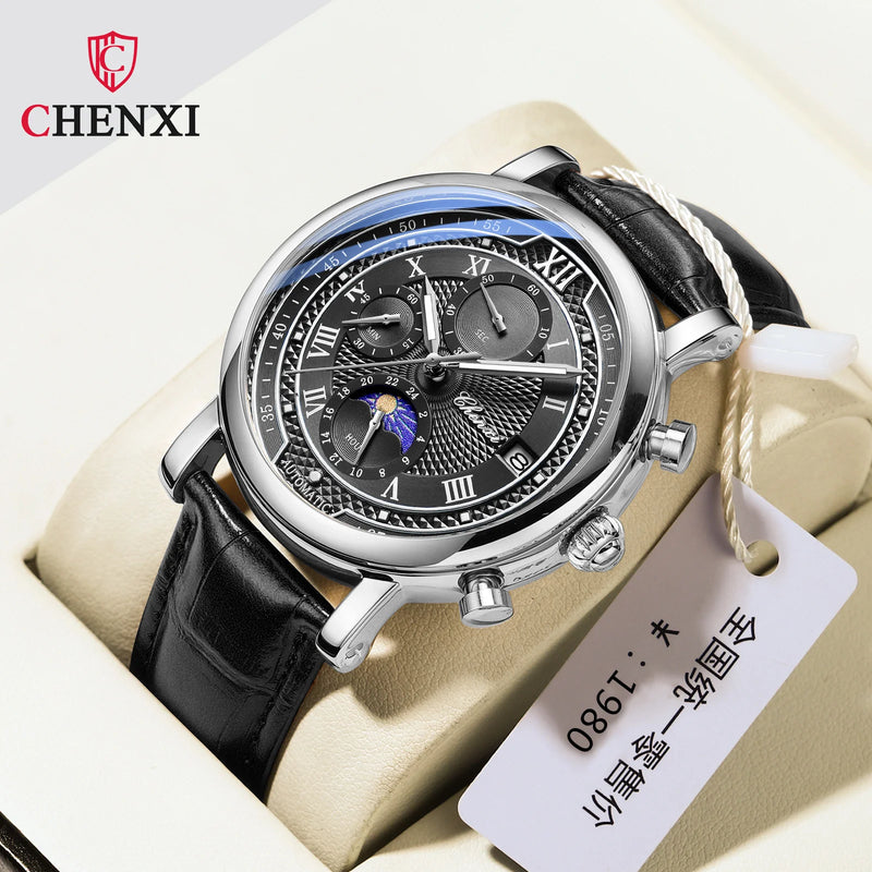 Stainless Steel Leather Chronograph Date Phase of the Moon Watch for Men