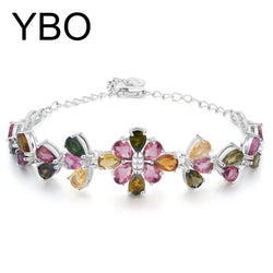 925 Sterling Silver Tourmaline Bracelet, Flower Design for Women