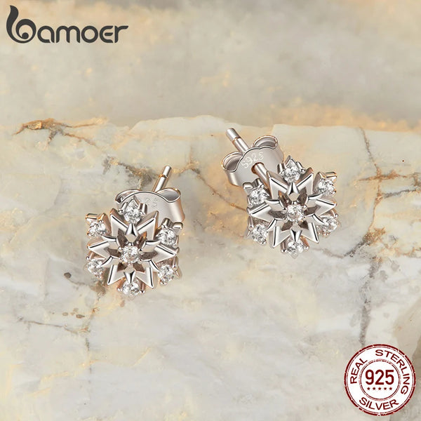 925 Sterling Silver Snowflake Studs with CZ, for Women