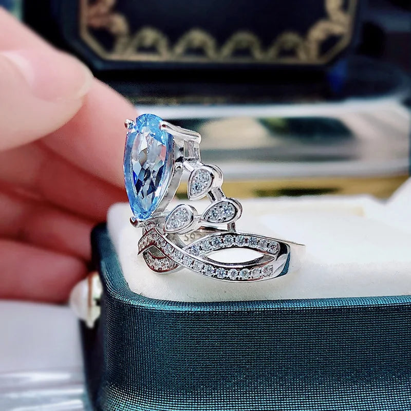 Sterling Silver Blue Topaz Crown Ring for Women