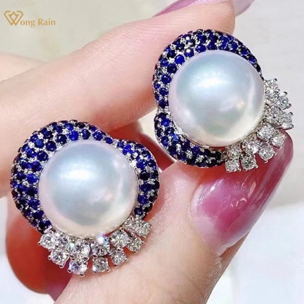 Wong Rain Elegant 925 Sterling Silver 10-11 MM Natural Pearl High Carbon Diamond Gemstone Studs Earrings Customized Fine Jewelry