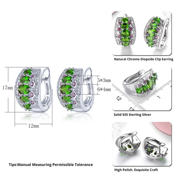 Sterling Silver 3 Carat Chrome Diopside Clip Earrings for Women