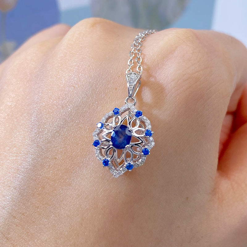 925 Sterling Silver Sapphire Flower Pendant Necklace for Women