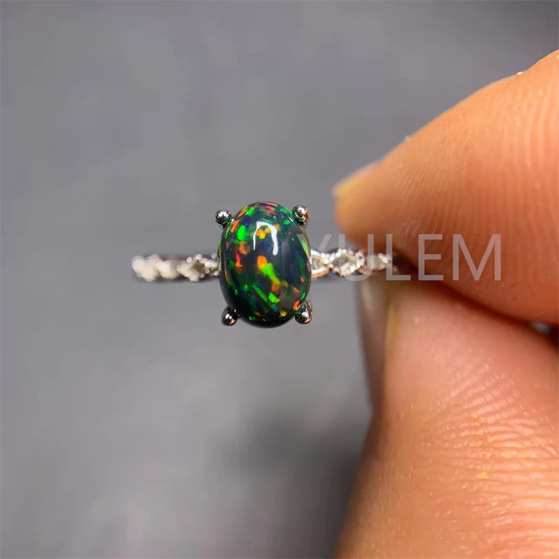 Solid 925 Silver Black Opal Ring, 6mm*8mm, for Women