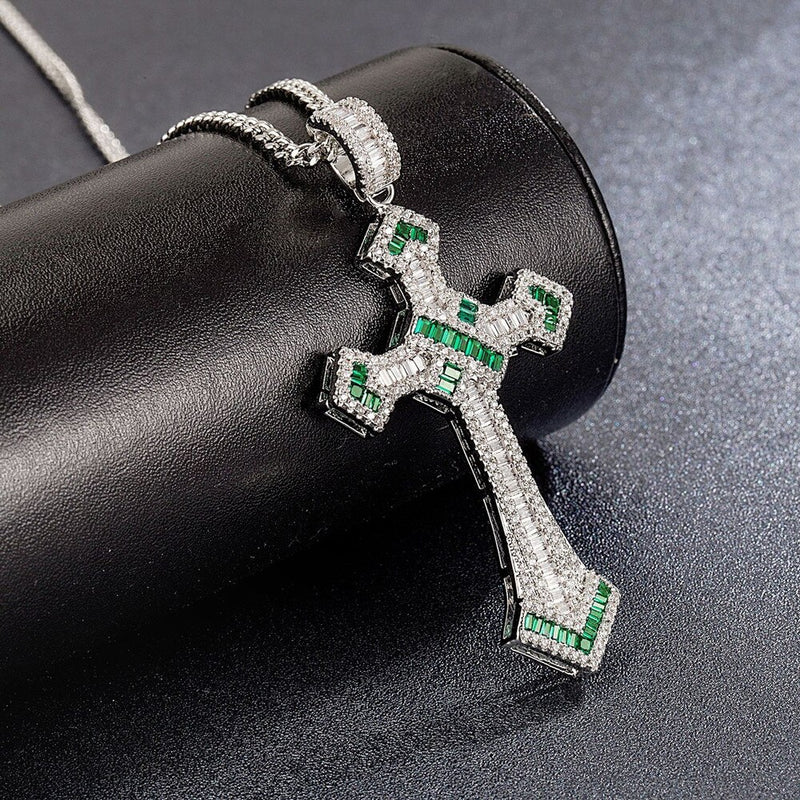 Sterling Silver Zircon Diamonds Crystal Cross Pendant Necklace for Men & Women