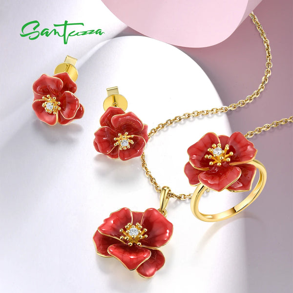 Sterling Silver White CZ Red Enamel Flower Pendant Earrings Ring Set For Women