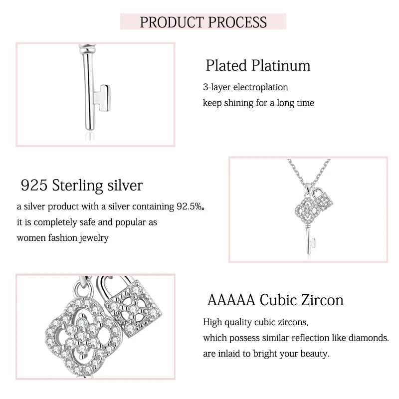 Sterling Silver Key Design Pendant Necklace with CZ Zircon for Women