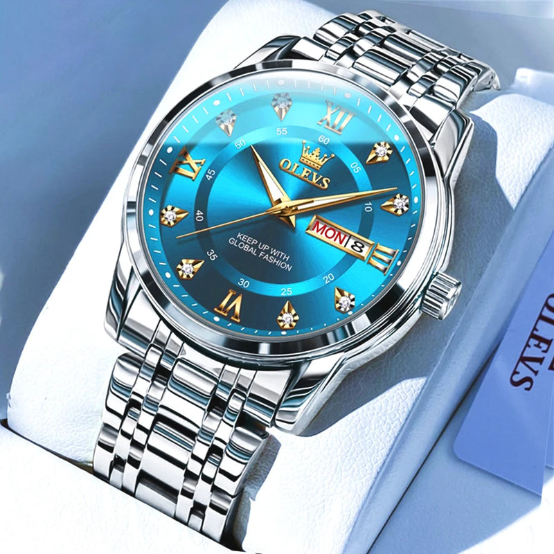 OLEVS Men's Watches Top Fashion Tiffany blue Dial Original Quartz Watch for Man Stainless Steel Waterproof Luminous Date Week
