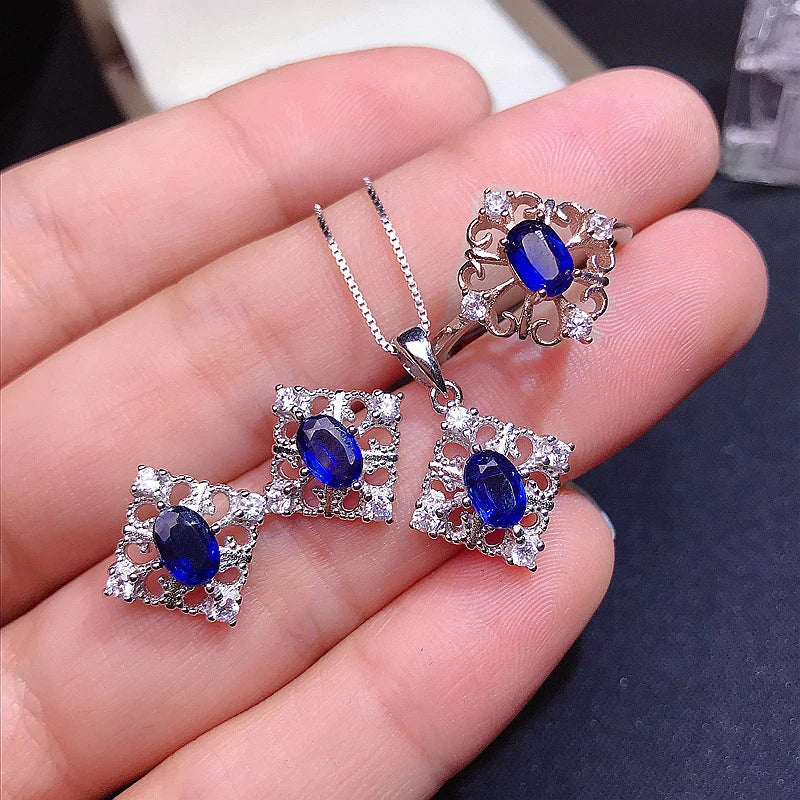 925 Sterling Silver Natural Sapphire 4mm*6mm Jewelry Set for Women