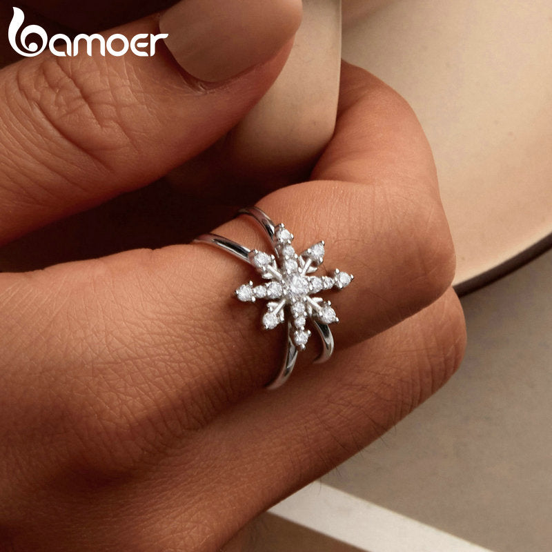 925 Sterling Silver Fantasy Snowflake Opening Geometric Adjustable Ring for Women