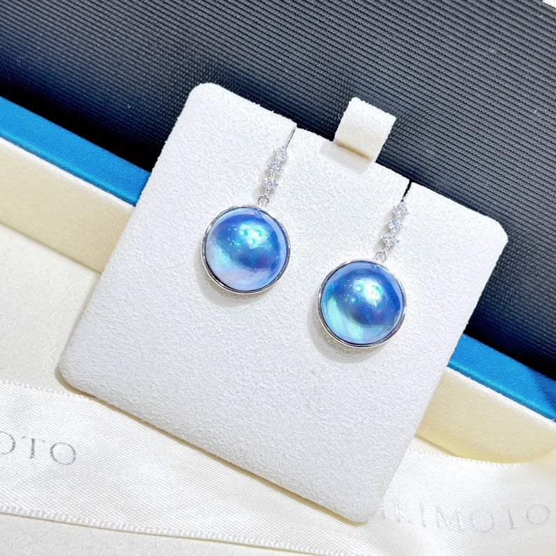 XX Pearl Earrings Fine Jewelry 925 Sterling Silver Round 13-14mm Blue Mabe Pearls Studs Earrings Present