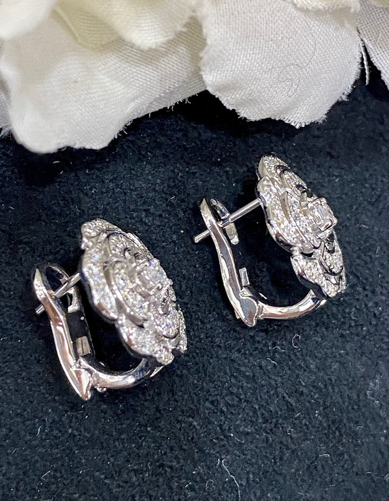 18K White Gold Diamond Stud Earrings, Camellia Flower Shape for Women