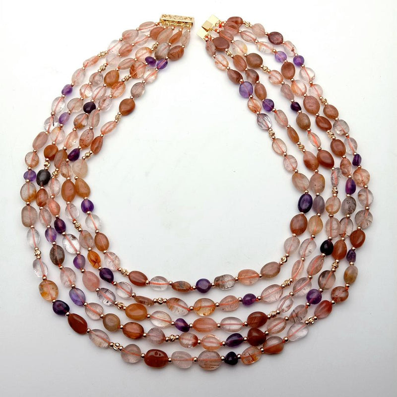 Y.YING 5 Rows Natural Gemstone Necklace Gold Rutilated Quartz Purple Amethyst Necklace Jewelry Gifts