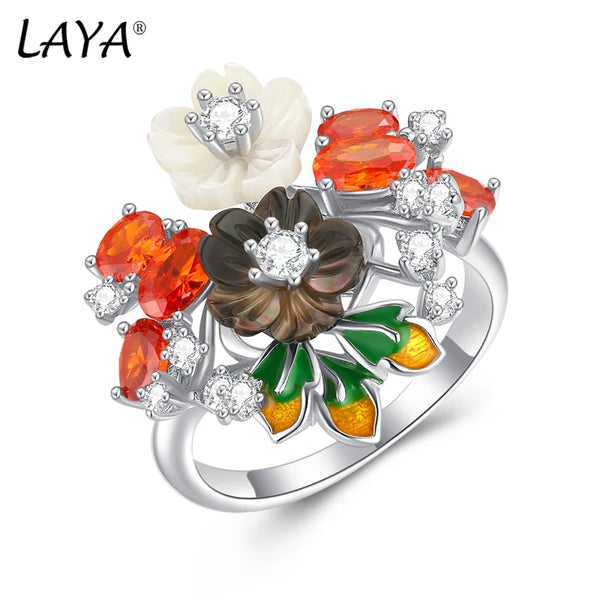 925 Sterling Silver White Black Flower Zircon Enamel Ring for Women