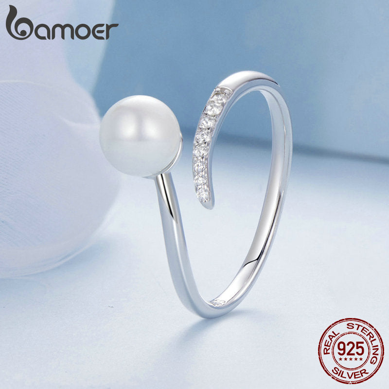 925 Sterling Silver Shell Pearl Opening Ring Zircon Adjustable for Women